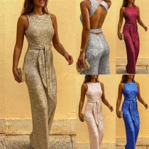 Round neck sleeveless personalized sequin silver dot jumpsuit G034