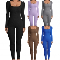 Square neck bubble sleeved long sleeved sexy slim fitting jumpsuit H0345