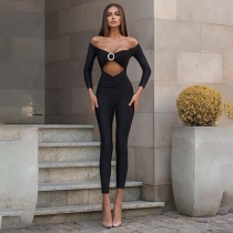 Long sleeved off shoulder hollowed out slim fitting spicy girl jumpsuit M23JP373