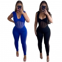 Solid color perspective elastic tight fitting buttocks jumpsuit S10633