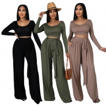 Solid color long sleeved autumn/winter fashionable wide leg women's two-piece set A8027