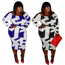 Large size women's long sleeved geometric printed dress N7961