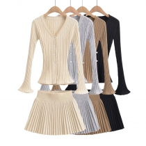 V-neck single breasted flared sleeve knitted cardigan+high waisted knitted pleated skirt half skirt set H06-23249