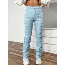 Elastic patch denim layered straight leg jeans CK3018