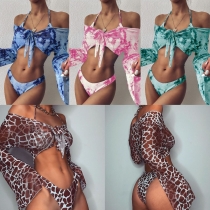 Tie dyed women's split body swimsuit sexy long sleeved three piece set with leopard print bikini S620932518462