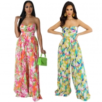 Sleeveless wrapped chest printed long pants, high waisted pleated jumpsuit YLY10062