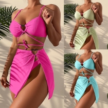 Tie up heart three piece dress style bikini swimsuit S659090560286