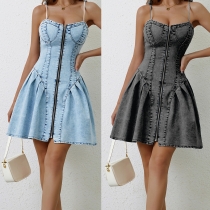 Splicing strap denim dress Y797881823146