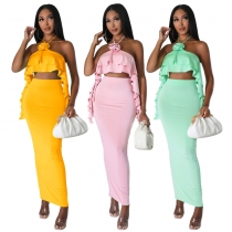 Wrap chest and hang neck top, expose navel, high waist, slit long skirt two-piece set YLY10198