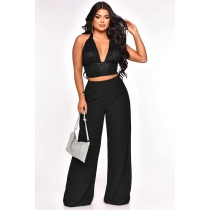 Low cut sequined neck hanging vest, chiffon high waisted straight leg pants two-piece set YLY10171