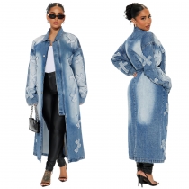 Cross embroidery long trench coat denim jacket JLX6033