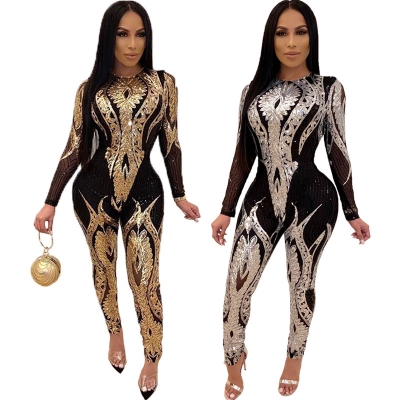Sequin high-end women's long sleeved perspective jumpsuit CY8189