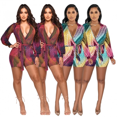 Deep V-neck colorful printed sexy strappy jumpsuit Q23S8290