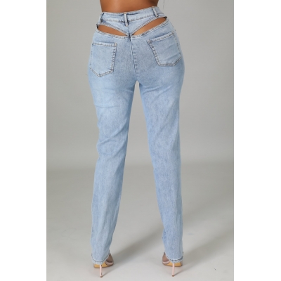 Hollow back elastic jeans T653430314311