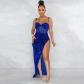 Fashion Sling Sequin Mesh Perspective Irregular Split Dress Women X5843