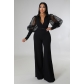 V-neck mesh puff sleeves temperament personality women's loose flared jumpsuit YLY9761