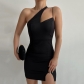 Women's fashionable slanted shoulder lace-up stitching solid color backless small slit dress D248263A