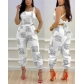 suspender open-back bow print high-waisted jumpsuit AY1005