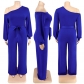 Plus Size Solid Color Balloon Sleeve Slanted Shoulder Belted Fashion Jumpsuit MY1007