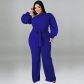 Plus Size Solid Color Balloon Sleeve Slanted Shoulder Belted Fashion Jumpsuit MY1007