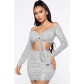 Autumn and Winter One Shoulder Long Sleeve Sequins Lace up Sexy Dress Party Two Piece Set Q22S8215