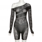 Fashion Diagonal Shoulder Jacquard Long Sleeve Mesh Tight Short Jumpsuit W22Q24006