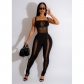 Women's solid color mesh sleeveless long pants with suspender jumpsuit C6332