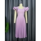 Light purple square neck dress with elegant temperament and casual commuting pleated skirt AM030117