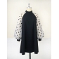 Standing collar lantern sleeve polka dot dress for daily commuting comfort, raglan sleeves, A-line skirt AM221209