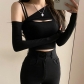 Solid Sexy Off Shoulder Oblique Collar Chest Hollow Out Tank Top Long Sleeve T-shirt Two Piece Set NW22608