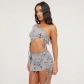 Women's lace up hollowed out navel cross printed short skirt two-piece set 9407SD