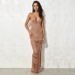 Solid color suspender knitted hollow waist fringed mid length skirt swimsuit cover up MJ81325