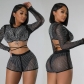 Women's solid color mesh hot diamond long sleeved shorts two-piece set C6367