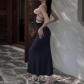 Sexy One line Neck Low cut Open Back Strap Fish Tail Suspended Dress D3512655