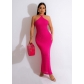 Sleeveless Temperament Split Knitted Dress Women's Hollow Out Hanging Neck Strap Sexy Open Back Qipao AJ4385