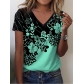 New Women's Flower Print V-Neck Short Sleeve Print T-shirt OZN0895
