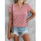 New Women's Solid V-Neck Petal Sleeve Loose fitting T-shirt OZN0883