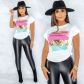 Women's Fashion Solid Color Colorful Graffiti Color Block Printing Casual Versatile Loose T-shirt A5003