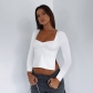 Solid Square Neck Long Sleeve Pleated Side Split Top T-shirt Y23TP241