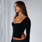 Solid Square Neck Long Sleeve Pleated Side Split Top T-shirt Y23TP241