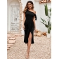 Casual Knitted Oblique Collar Waist Split Dress for Women 231LQ53205
