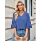 Solid loose V-neck ruffle sleeve top for women's clothing 232SY52646
