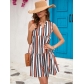 Stripe patchwork V-neck short skirt dress XML109116