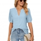 Casual V-neck Solid Hollow Bubble Sleeve Loose T-shirt Top HLL37201