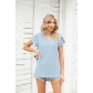 Fashion V-neck button cut out loose fitting short sleeved T-shirt top HLL7381