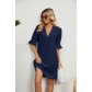 Solid V-neck Loose Pleated 5/4 Sleeve Dress HLL7725