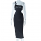 Oblique Shoulder Skinny Dress with Solid Color Pullover Head Wrap Hip Skirt Mid length Skirt JD298972