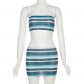 Fashion Knitted Stripe Bra Top High Waist Wrap Hip Tight Short Skirt Set K23S31570