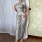 Fitted and protruding short sleeved printed long dress D3512904G