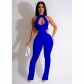 Fashion Women's Solid Color Sexy Hanging Neck Hollow out Long Pants Jumpsuit C6580